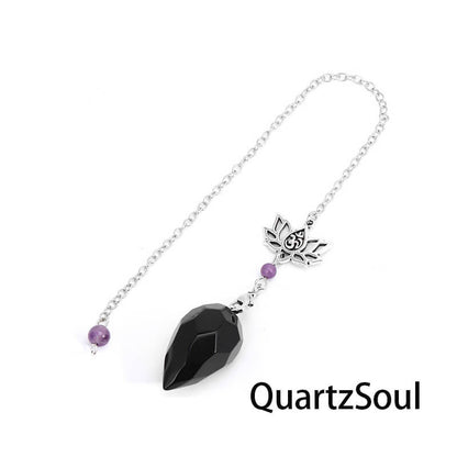 Obsidian crystal pendulum with lotus charm for psychic protection and grounding
