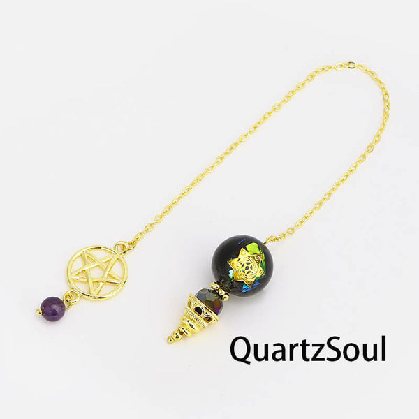 Black obsidian crystal pendulum with pentagram charm for spiritual protection