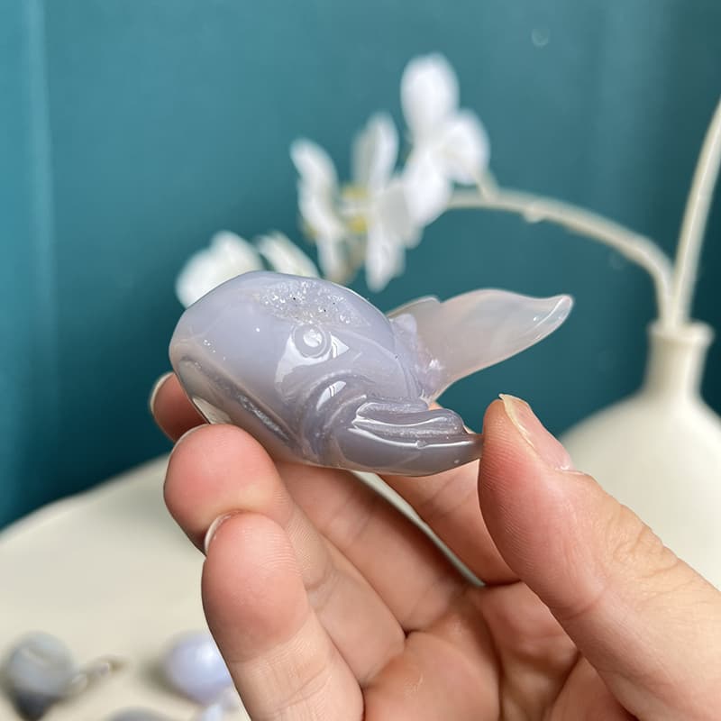 Dolphin agate crystal carving in coastal-inspired home decor arrangement with shells