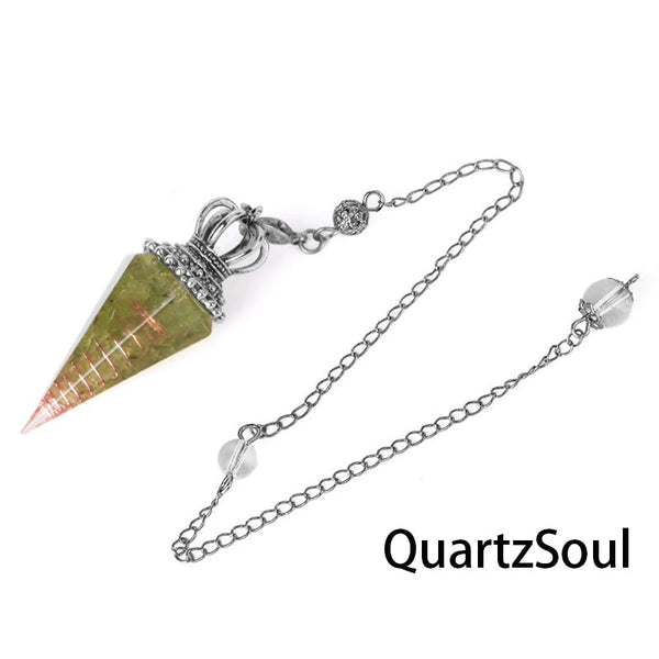 Olive Green crystal pendulum with royal silver crown top