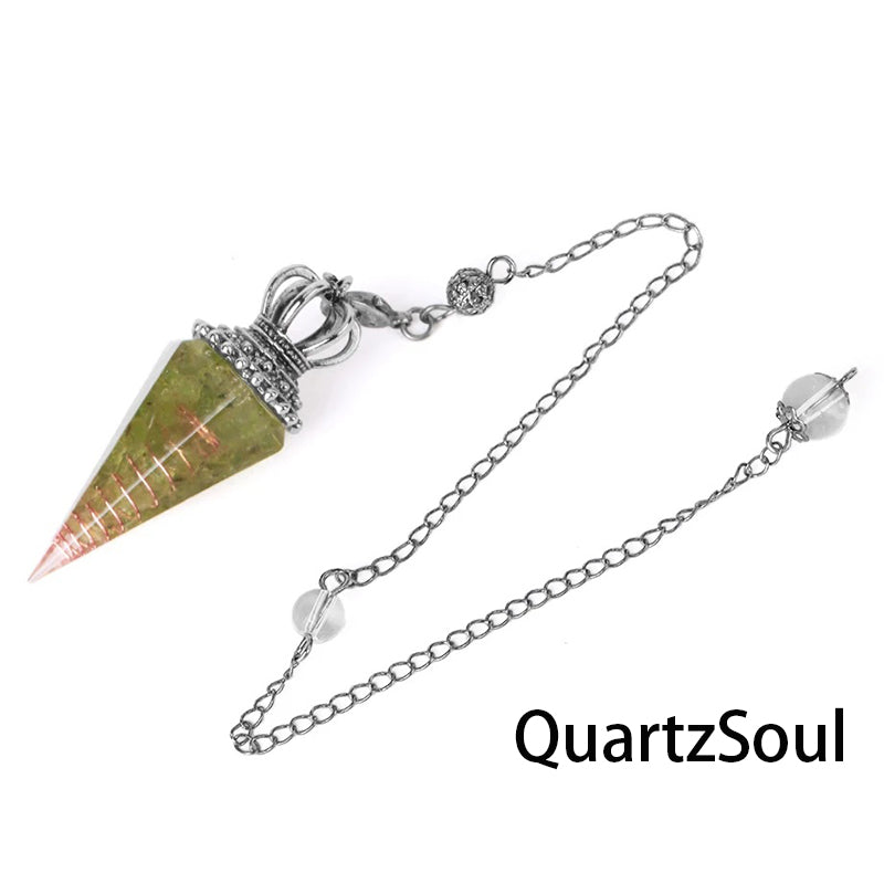 Olive Green crystal pendulum with royal silver crown top