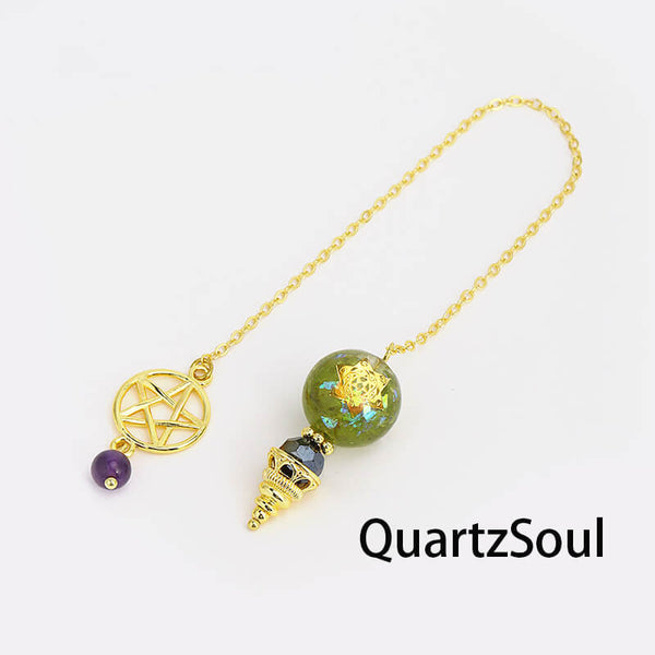 Olive jade crystal pendulum with pentagram charm for healing divination