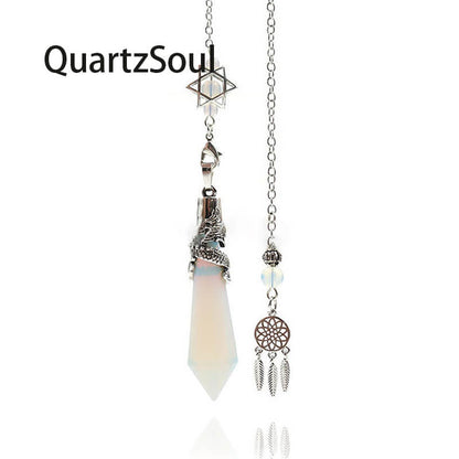 Opal Crystal Pendulum with Silver Dragon Wrap and Dreamcatcher Charm