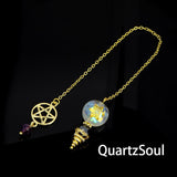 Opal crystal pendulum with pentagram charm for intuitive divination work