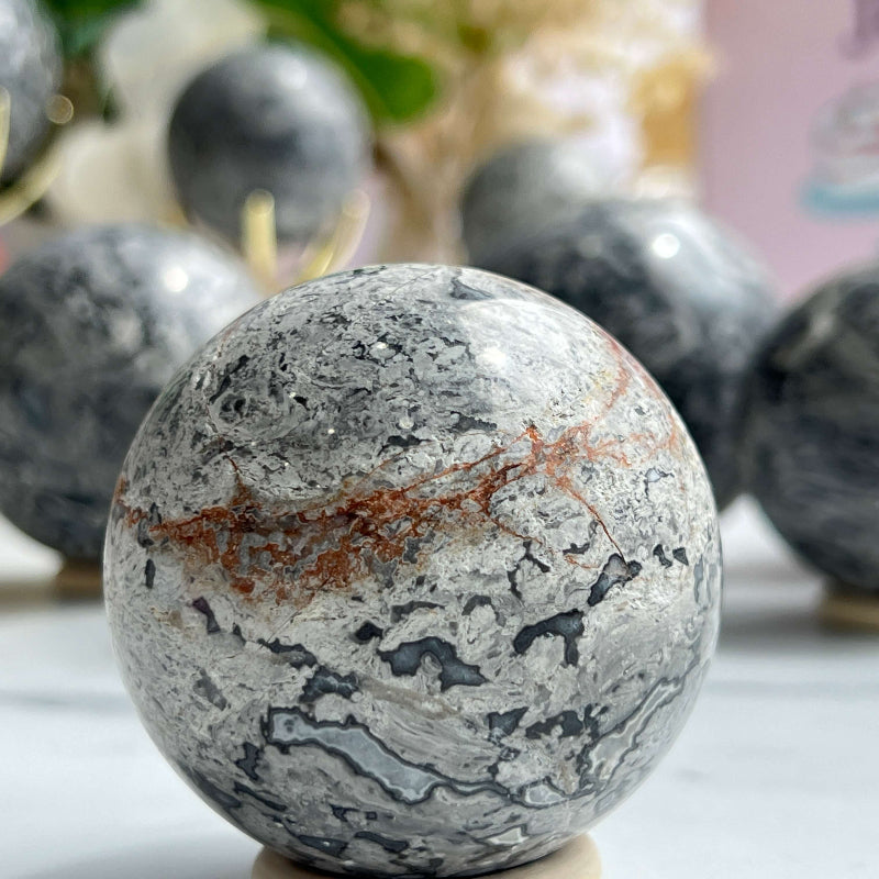 Natural Picture Jasper Crystal Sphere with earth-toned landscape patterns