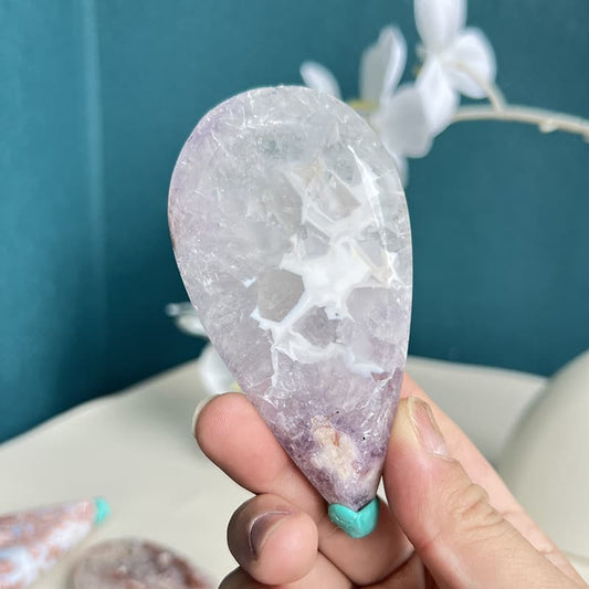 Pink Amethyst Flower Agate Crystal Carving Teardrop Shape Healing Stone