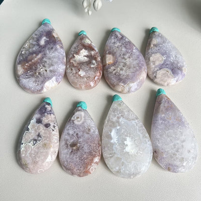 Natural Pink Amethyst Flower Agate Teardrop Pendant Crystal Healing Stone