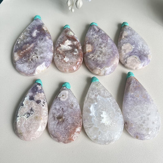 Natural Pink Amethyst Flower Agate Teardrop Pendant Crystal Healing Stone