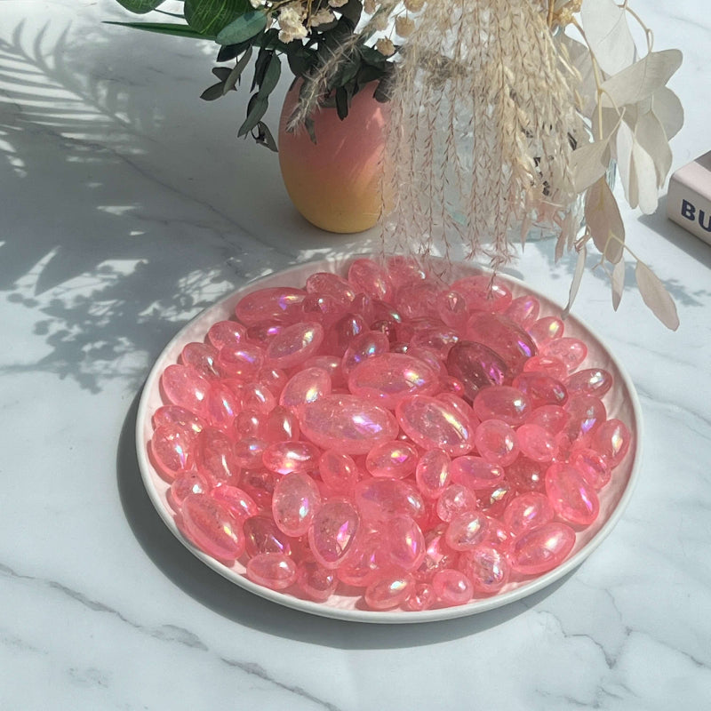 Pink Angel Aura Quartz Tumbled Stones Arranged for Meditation Practice