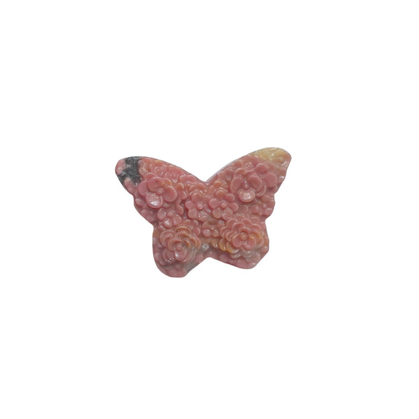 Pink rhodonite butterfly carving with floral pattern for crystal healing