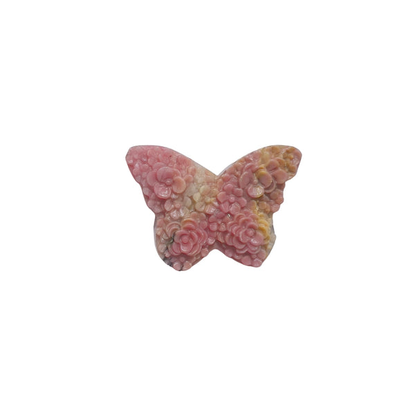 Natural pink rhodonite butterfly carving with carved floral details