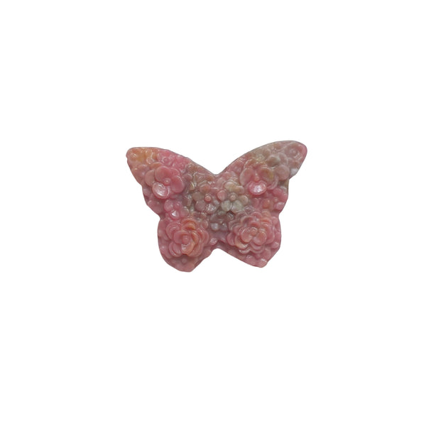 Pink Rhodonite Butterfly Crystal Carving with Floral Design