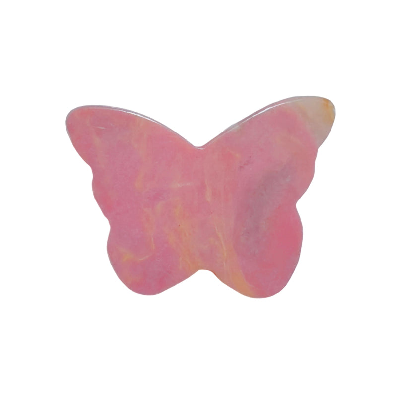Front View of Handcrafted Pink Rhodonite Butterfly Crystal Carving with Unique Patterns