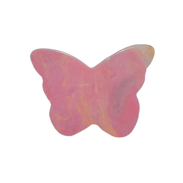 Front View of Handcrafted Pink Rhodonite Butterfly Crystal Carving with Unique Patterns