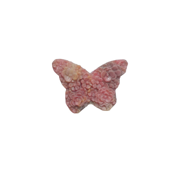 Natural pink rhodonite butterfly crystal carving with floral details