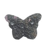 Size comparison of rhodonite butterfly carving with common objects