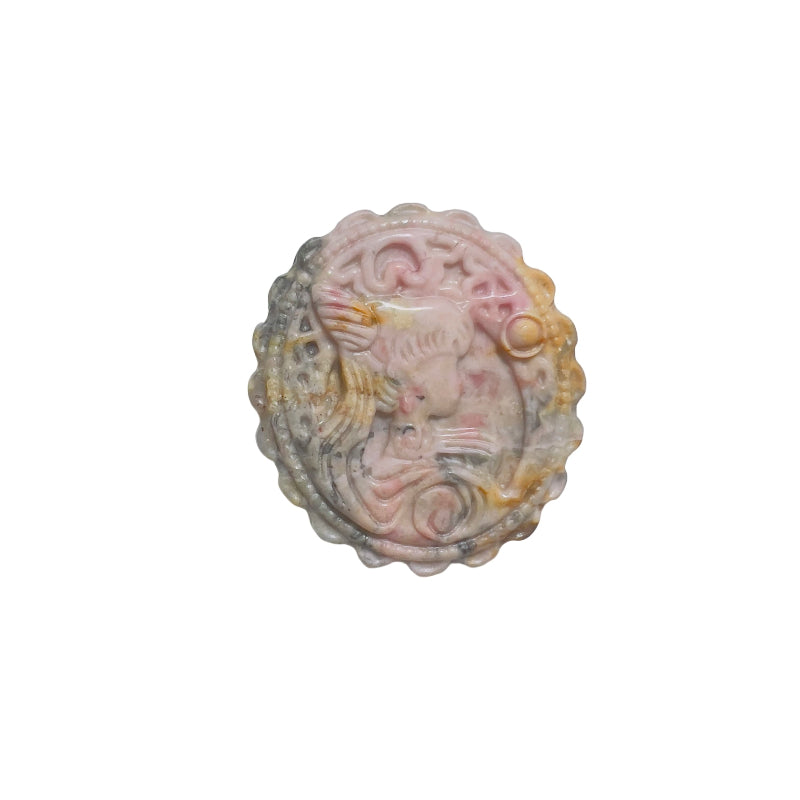 Pink Rhodonite Cameo Crystal Viewed from Angle Showing Carving Depth