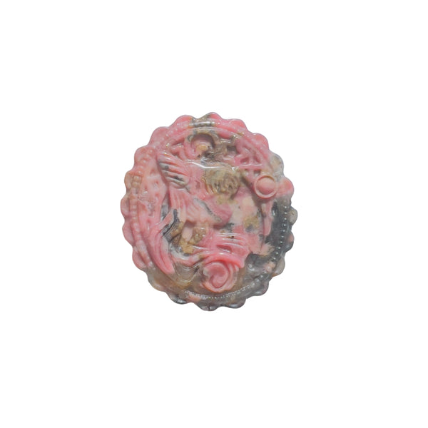Pink rhodonite carved crystal with magical girl pattern front view