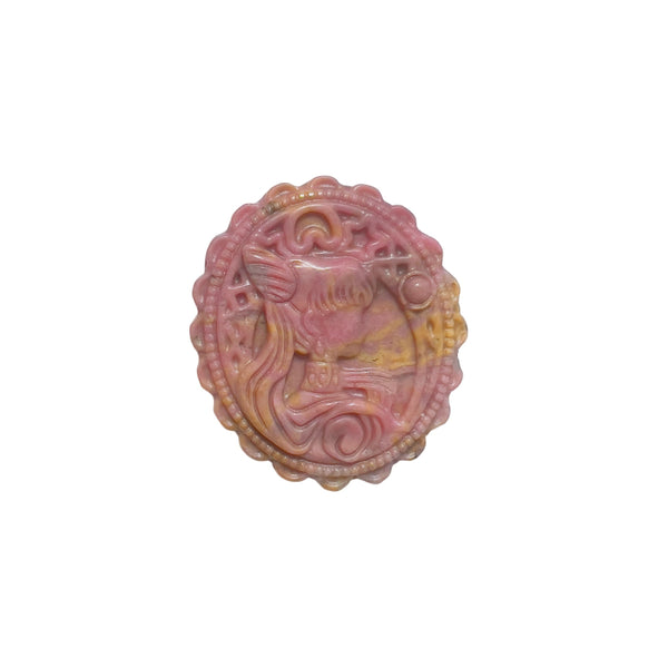 Natural pink rhodonite carved crystal medallion with circular bird pattern