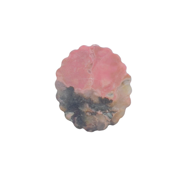 Pink rhodonite carved crystal reverse side showing natural black inclusions
