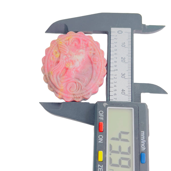 Pink Rhodonite Crystal Carving Front View Magical Girl Pattern