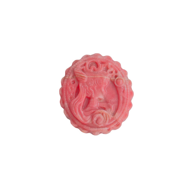 Pink Rhodonite carved crystal with magical girl pattern front view healing stone