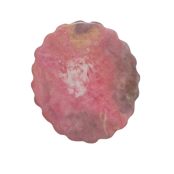 Pink rhodonite crystal carved medallion size measurement showing diameter