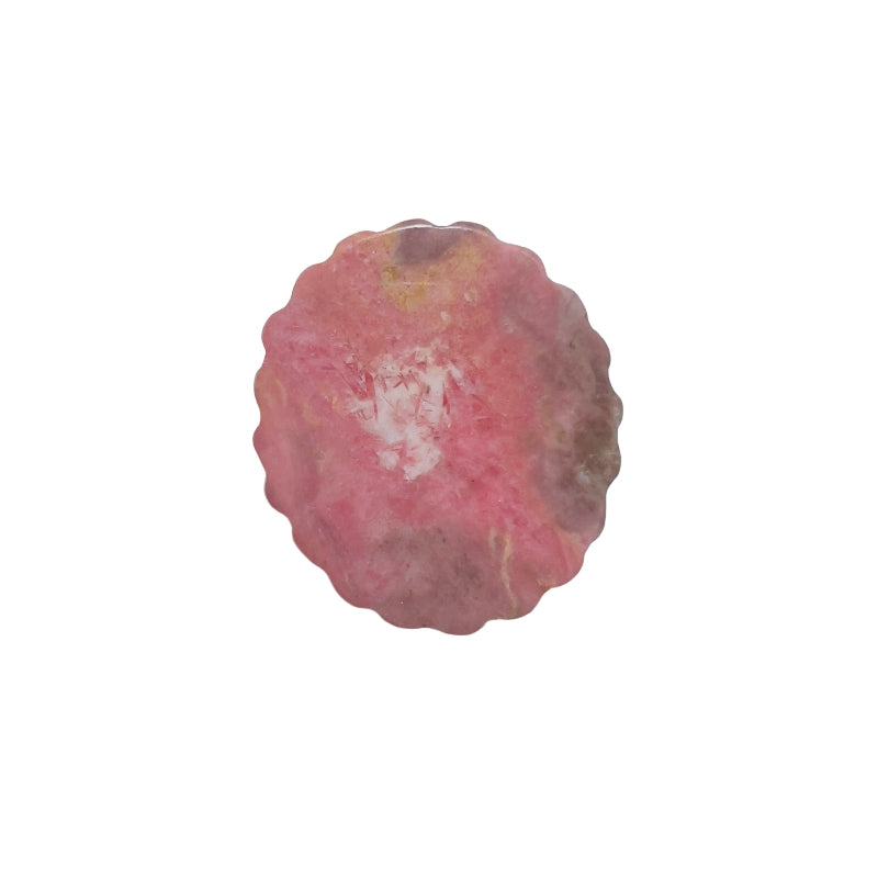 Pink rhodonite crystal carved medallion showing detailed side profile