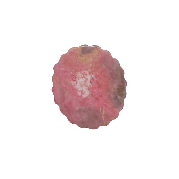 Pink rhodonite crystal carved medallion showing detailed side profile