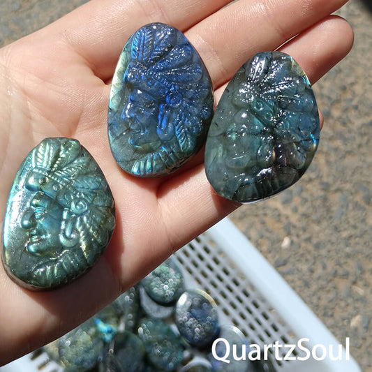 Carved portrait blue labradorite crystal with vibrant flash wholesale
