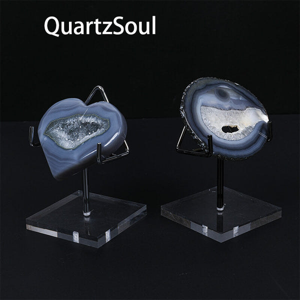 Premium acrylic display stand showcasing blue agate crystal specimens