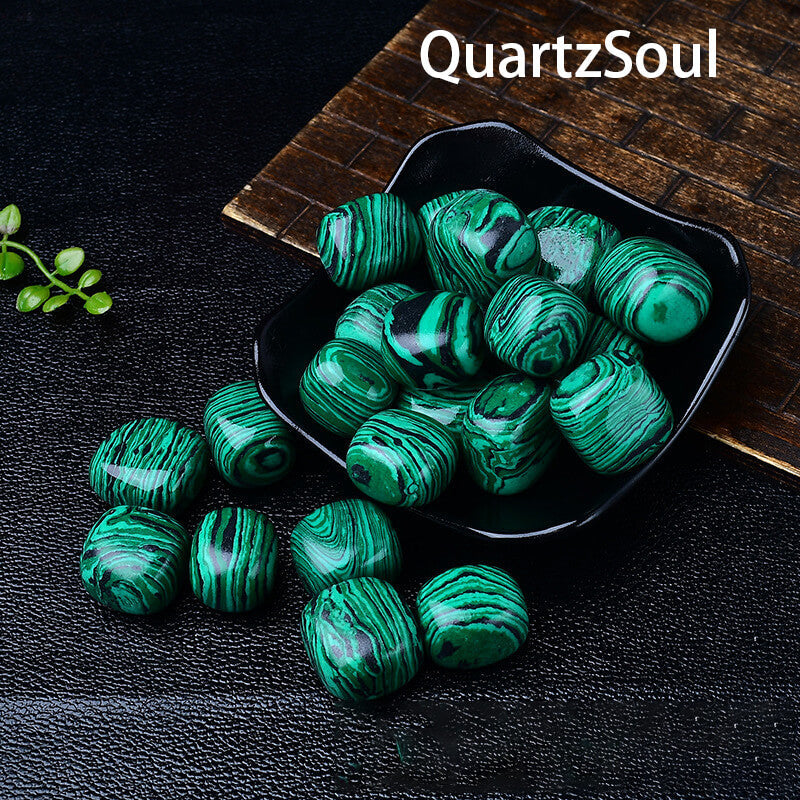 Premium Malachite Tumbled Stones displayed in black dish showing vibrant green banding