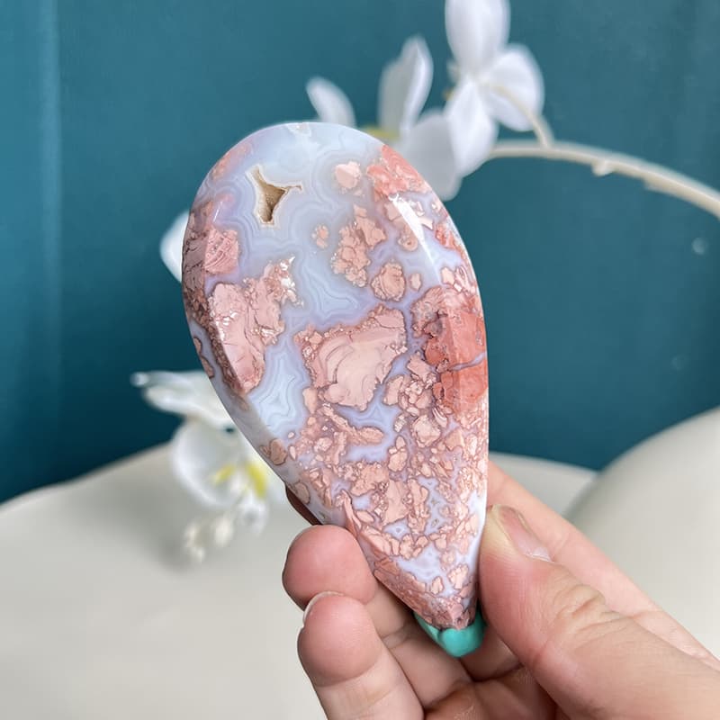  Premium Pink Agate Crystal Specimen with Blue Bands and Pink Inclusions