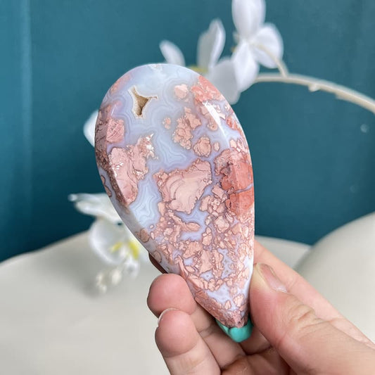 Premium Pink Agate Crystal Specimen with Blue Bands and Pink Inclusions