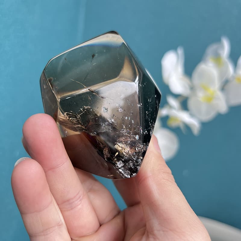 Natural smoky quartz free form crystal with unique inclusions