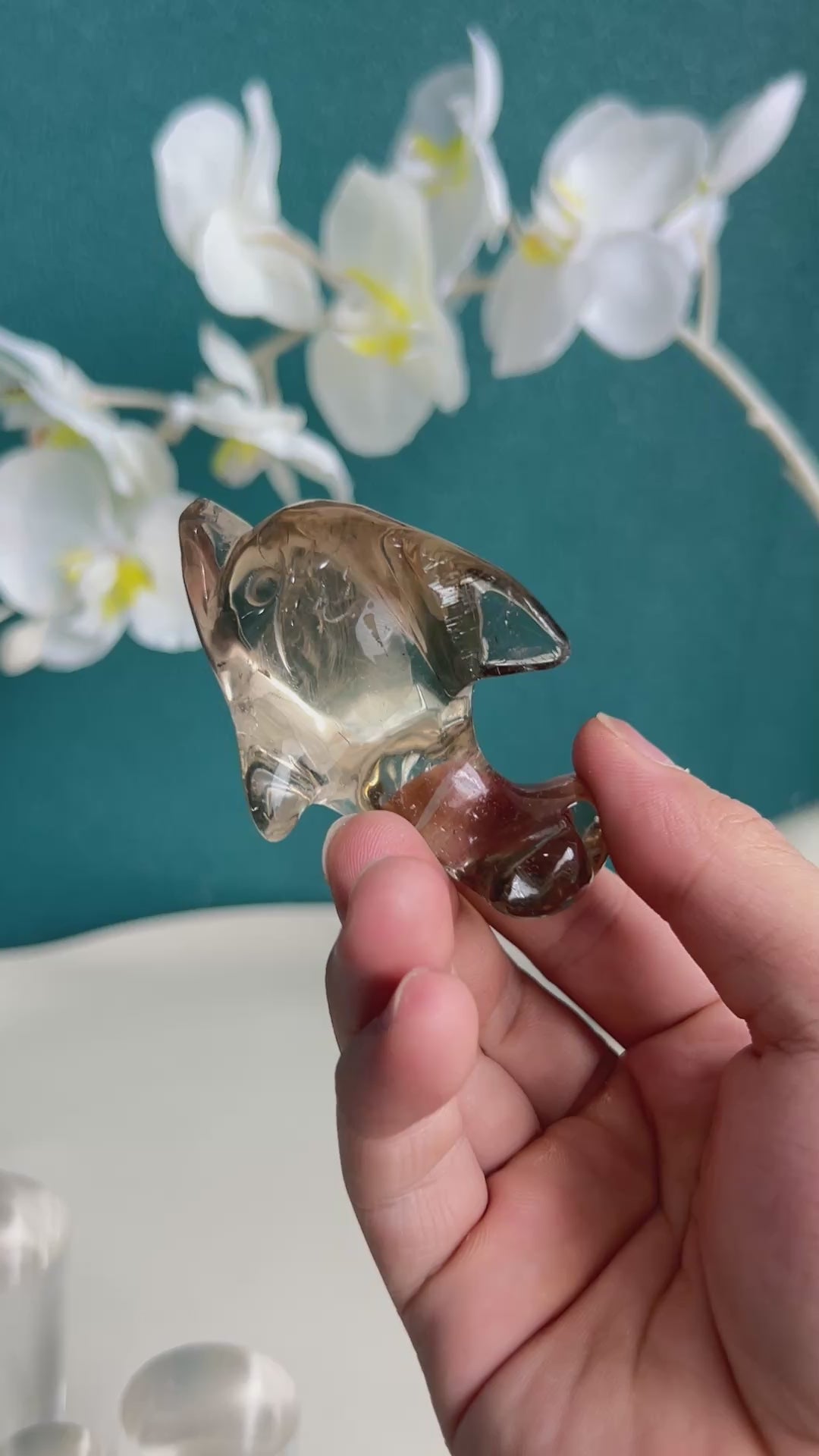 Close-up of Smoky Quartz Crystal Fish Carving Details