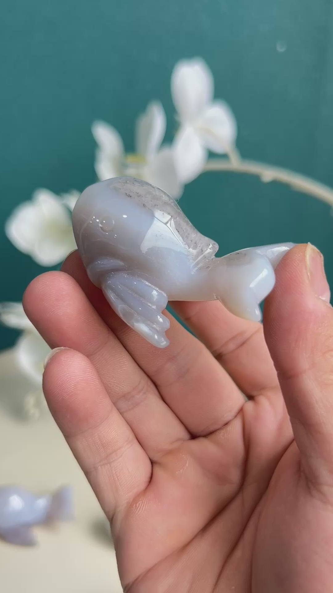 Dolphin agate crystal figurine against complementary blue background