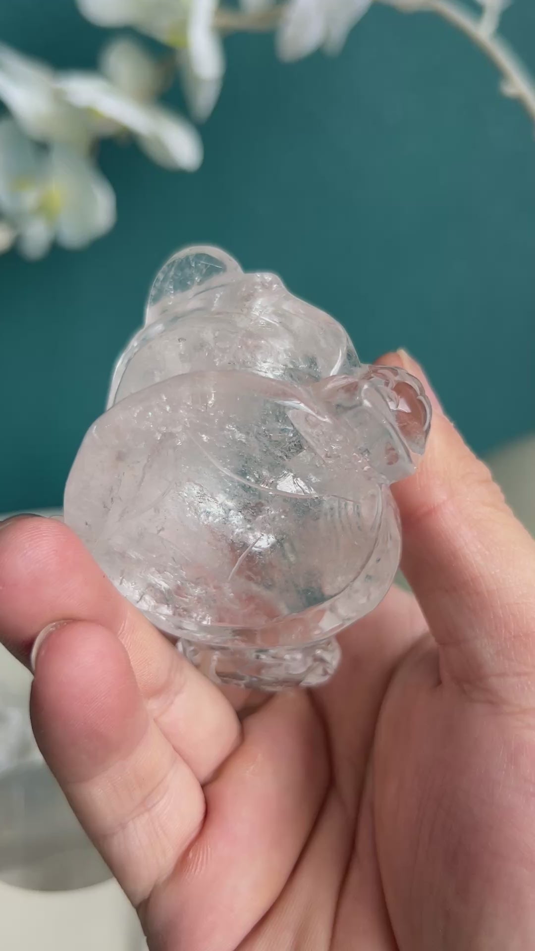 Crystal clarity demonstration of clear quartz golden toad carving