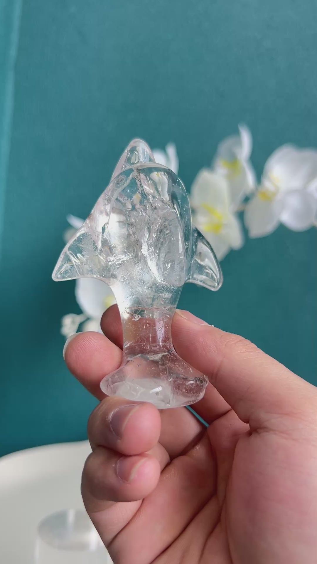 Flying fish crystal carving displayed on wooden stand as home decor