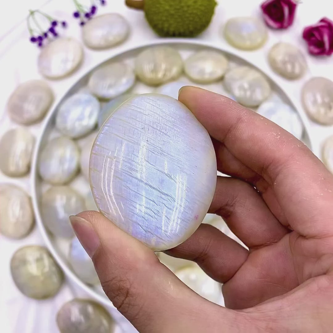 Moonstone Palm Stone with Blue Adularescence Flash
