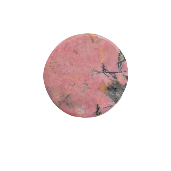 Black manganese oxide inclusions in rhodonite bear crystal carving