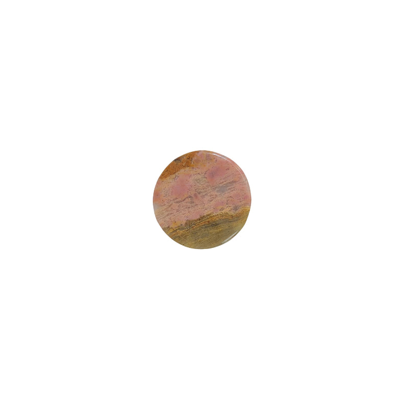 Side angle of pink rhodonite bear crystal carving displaying unique manganese patterns