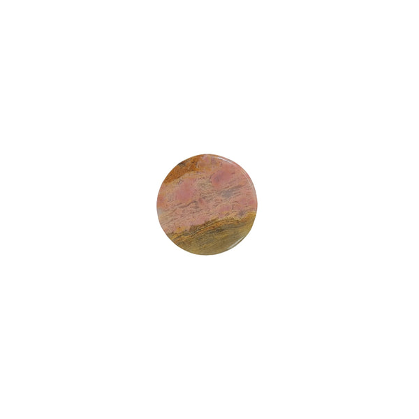 Side angle of pink rhodonite bear crystal carving displaying unique manganese patterns