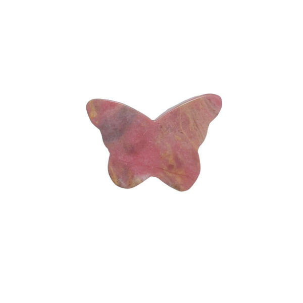 Pink rhodonite butterfly crystal carving front view showing floral details