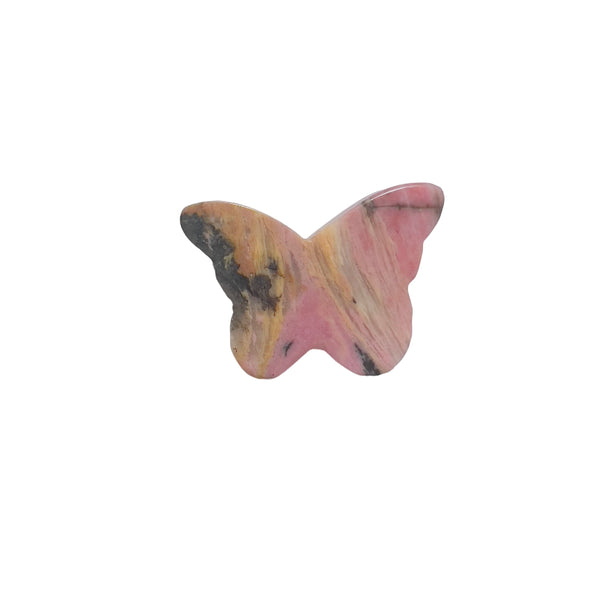Pink rhodonite butterfly crystal carving front view with floral pattern