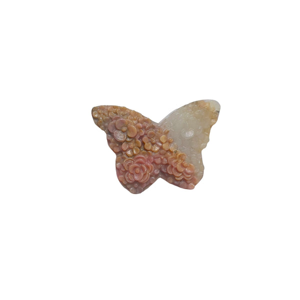 Natural rhodonite butterfly crystal carving with pink rose details for emotional healing