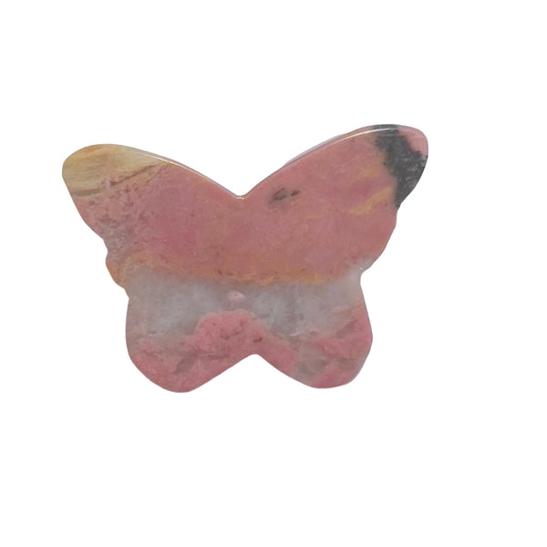Side angle of rhodonite butterfly showing natural stone patterns