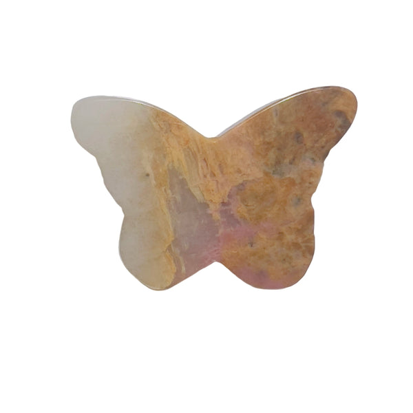 Side view of natural rhodonite butterfly stone with floral patterns