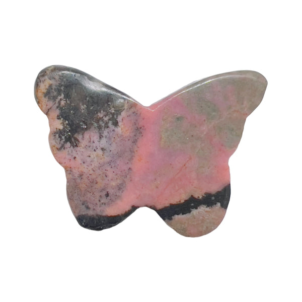 Rhodonite butterfly carving featured in crystal collection display with complementary stones
