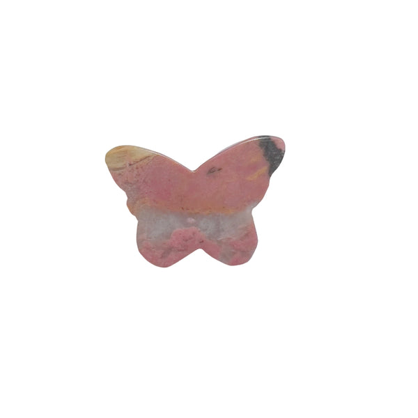 Front view of pink rhodonite butterfly crystal carving with rose details